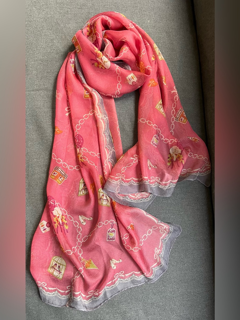 Vintage Louis Féraud Paris Sheer Silk Oblong Scarf – Pink Bird Cages & Chains